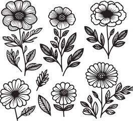 Set of different flower linens on a white background. Minimal thin line floral Flower silhouette white background.