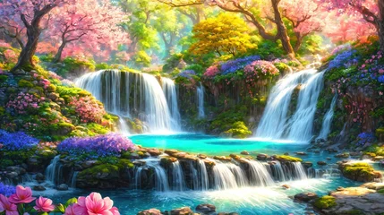 Foto op Canvas A beautiful paradise land full of flowers,  sakura trees, rivers and waterfalls, a blooming and magical idyllic Eden garden © Cobalt