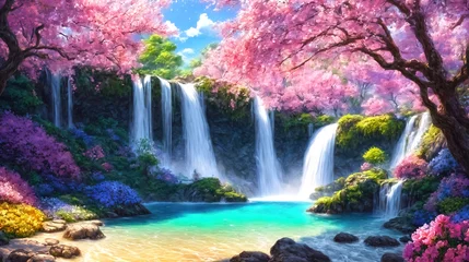 Fotobehang A beautiful paradise land full of flowers,  sakura trees, rivers and waterfalls, a blooming and magical idyllic Eden garden © Cobalt