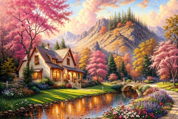 Idyllic countryside summer landscape with wooden old house near river, beautiful flowers and trees with mountains in the background, oil painting illustration. - obrazy, fototapety, plakaty
