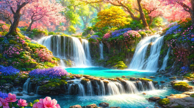 A beautiful paradise land full of flowers,  sakura trees, rivers and waterfalls, a blooming and magical idyllic Eden garden