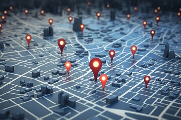 Location pin pointers with city map 3d rendering background, world map