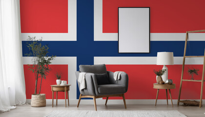 Medicine and healthcare concept Norway flag on the wall in the interior of the room. Concept of buying and selling real estate, mortgages in the Norway