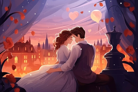 Couple in love, romantic background in flat vector design style