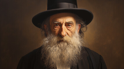 A frontal portrait of an old Jewish rabbi with a distinguished beard, reflecting wisdom and tradition.