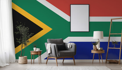 Medicine and healthcare concept South Africa flag on the wall in the interior of the room. Concept of buying and selling real estate, mortgages in the South Africa