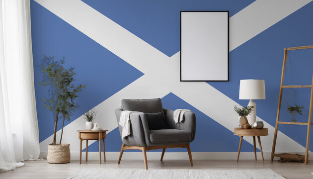 Medicine and healthcare concept Scotland flag on the wall in the interior of the room. Concept of buying and selling real estate, mortgages in the Scotland