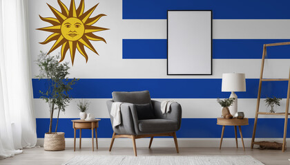 Medicine and healthcare concept Uruguay flag on the wall in the interior of the room. Concept of buying and selling real estate, mortgages in the Uruguay