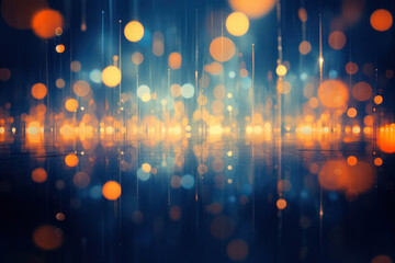 Glistening Night: A Glowing Abstract Bokeh Background with Defocused Shiny Blue Lights, Perfect for Christmas Wallpaper".