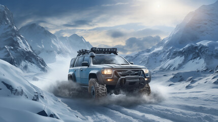 Off-road in snow mountains during winter