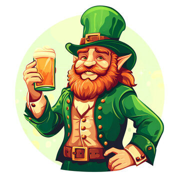 A leprechaun holding a beer, celebrating St. Patrick’s Day. This image is perfect for: st patrick’s day, irish culture, celebrations, folklore characters, holiday themes.