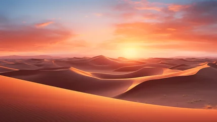 Foto op Plexiglas A quiet desert during sunset, portraying a tranquil and serene scene with the warm hues of the setting sun casting a peaceful glow over the landscape. © sema_srinouljan