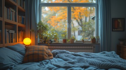 A corner of cozy bedroom at home. Badroom with bad, pillow, With a table lamp, bookshelf. Very cute cozy interior design, romantic dim lighting - obrazy, fototapety, plakaty