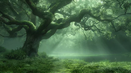 Rolgordijnen Olijfgroen Stary dąb w lesie, delikatna mgła z promieniami słońca nad wodą