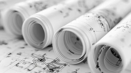 Roll of architectural drawing paper and blueprints. Specifies plans, designs, and technical drawings related to architecture and construction. - obrazy, fototapety, plakaty