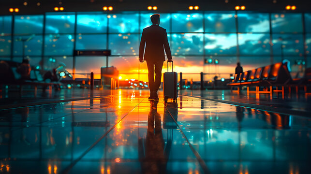 Stock photo of a businessman with a suitcase walking through the airport terminal. Ai generated.