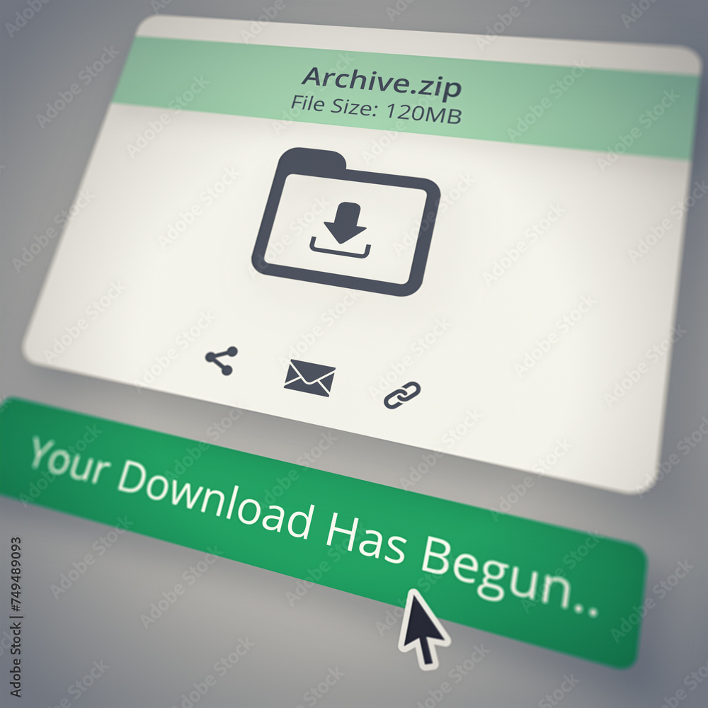 Poster attachment, email and download with progress on screen for computer, data or information technology.