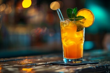 tropical cocktail in a collins glass on a resort bar 