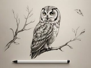Wisdom in Monochrome: Black Pen Owl Illustration on Parchment