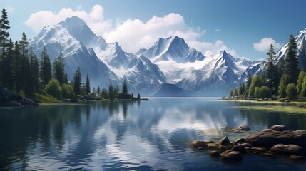 Realistic depiction of a quiet mountain lake surrounded by majestic peaks, portraying the serene beauty of untouched nature in stunning detail