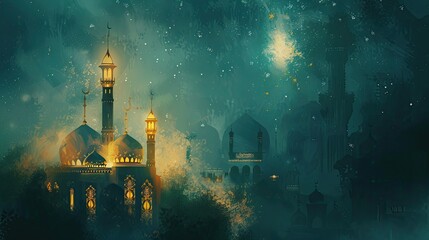 Obraz premium Beautyful Romadan Mosque. Eid Alfitr Moon With a Background, Wallpaper
