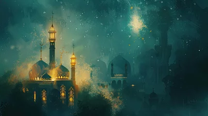Papier Peint photo Lavable Vielles portes Beautyful Romadan Mosque. Eid Alfitr Moon With a Background, Wallpaper