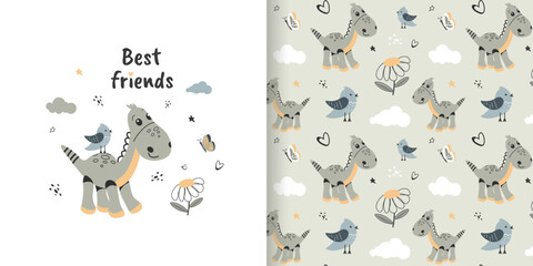 A children's pattern with a cute dinosaur and a bird. A greeting card. Seamless animal background, cute vector texture for baby bedding, fabric, wallpaper, wrapping paper, textiles and more. - obrazy, fototapety, plakaty