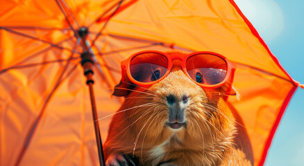 Guinea Pig in Sunglasses Sheltering Under a Beach Umbrella - obrazy, fototapety, plakaty