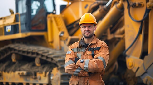 Mining worker posing in front of large dozer