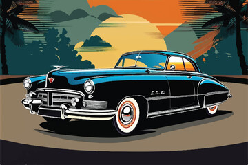 Illustration of an antique, vintage automobile. Vintage American car drawing in a retro style with an isolated background. Classic illustration of a retro automobile design from the past. Antique car.