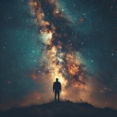 A lonely Man looks at space and the stars. - obrazy, fototapety, plakaty