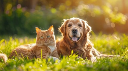 Cute dog and cat So fun lying together on a green grass field nature in a spring sunny bokeh background