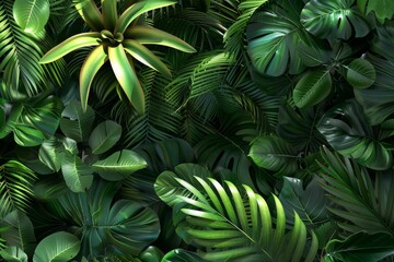 Lush green leaves fill the frame, creating a vibrant nature backdrop Artistic composition of an assortment of tropical plants with featuring different textures and shades of green, for a botanical 