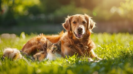 Cute dog and cat So fun lying together on a green grass field nature in a spring sunny bokeh...