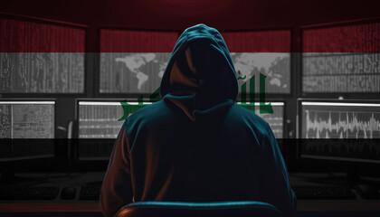 Cyber threat from the Iraq. Hacker at the computers on a background of monitors, colors of the Iraq flag.