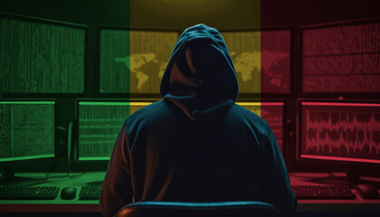 Cyber threat from the Mali. Hacker at the computers on a background of monitors, colors of the Mali flag.