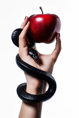 Red Apple and black snake. Temptation concept. Hand of Eve holding a red fruit and a snake coiled up her arm. Freewill. Fruit of good and evil. Disobedience concept. Isolated background. - obrazy, fototapety, plakaty