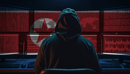 Cyber threat from the North Korea. Hacker at the computers on a background of monitors, colors of the North Korea flag.