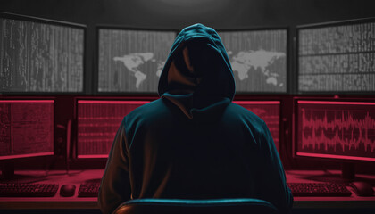 Cyber threat from the Poland. Hacker at the computers on a background of monitors, colors of the...