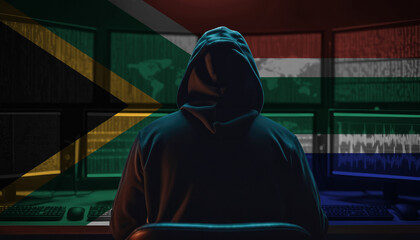 Cyber threat from the South Africa. Hacker at the computers on a background of monitors, colors of the South Africa flag.