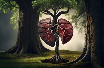 Liver of Life: A Surreal Depiction of a Tree with a Human Liver Trunk, generative AI