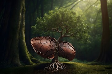 Growth of Life: An Artistic Representation of a Liver-shaped Tree in a Serene Forest, generative AI