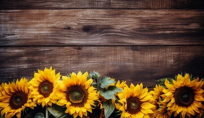 Sunflowers in vase on wooden background with copy space.