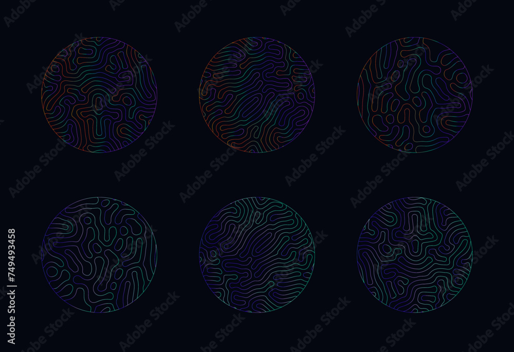 Wall mural Set of elegant holographic circles with psychedelic wavy pattern in neon bright colors.