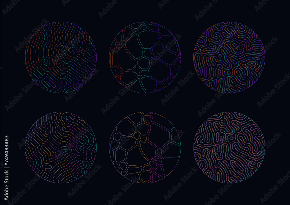 Aufkleber set of elegant holographic circles with psychedelic wavy pattern in neon bright colors.