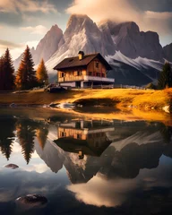 Foto op Canvas photo wallpaper, house on the lake, autumn landscape, Nordic, mountains in the background, Alpine landscape in black and orange tones © Siarhei