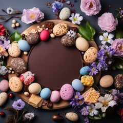 Obraz na płótnie Canvas Easter eggs, macaroon and flowers. Spring floral banner
