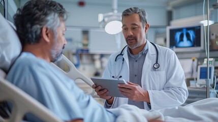 Obraz premium Doctor talking to patient while holding digital tablet