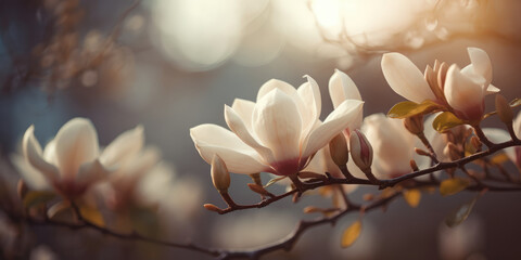 Magnolia flowers on a tree branch in spring. Magnolia tree blossom in springtime. Beautiful spring...