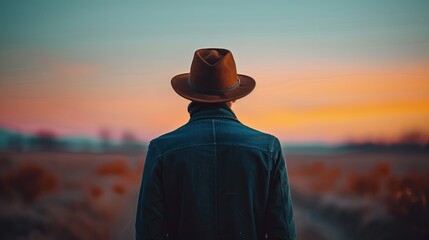 A pensive man wearing a fedora and leather jacket stands facing a sunset in the countryside, lost in thought. - obrazy, fototapety, plakaty